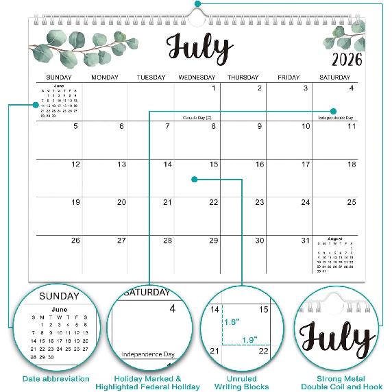 Wall Calendar 2026-2027, 18 Months Academic Calendar, Jan. 2026 - Jun. 2027, 14" × 11", Monthly Wall Hanging Calendar with Thick Paper for Office