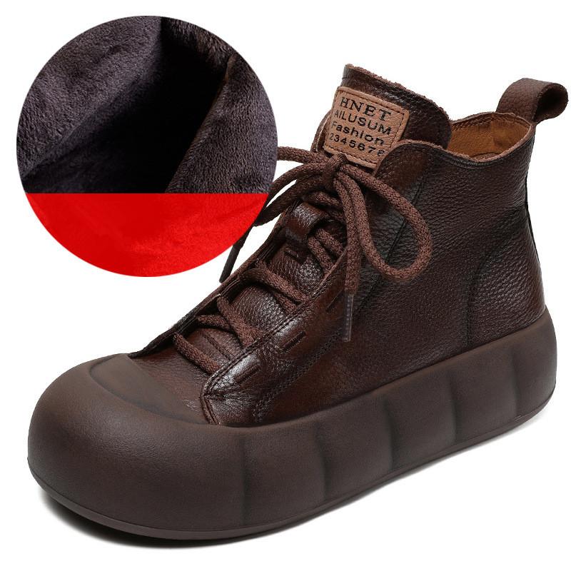 

Johnature Ретро Натуральная Кожа Короткие Ботинки Мартин Ботинки На Толстой Подошве Плоские Женские Туфли 40-Plush коричневый