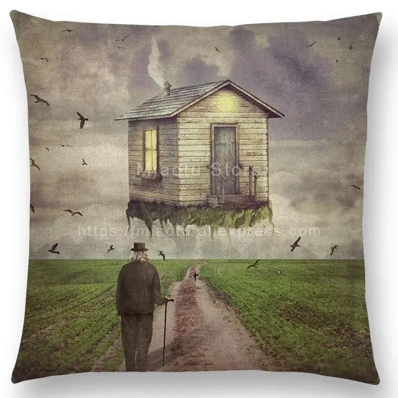 Latest Mysterious Imagine Animals Cushion Cover Forest Raven Fantasy Clouds Sky Moon Stars Earth Dream Girl Prints  Pillow Case