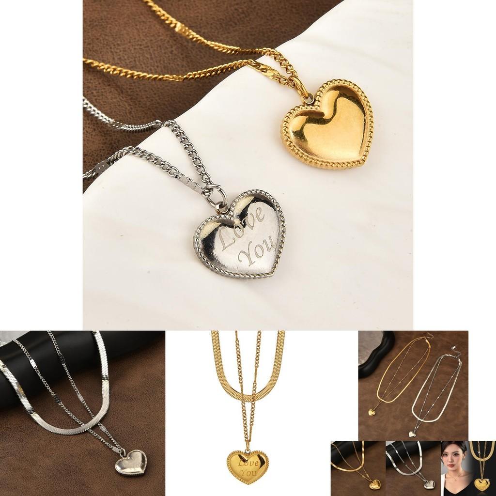 Modische zweilagige herzförmige Halskette aus Titanstahl für Damen in glänzendem Gold und Silber