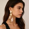 Retro High-End Deep Coffee Geometric Oval Long Earrings with Patchwork Wrapped Wire and Hammered Texture