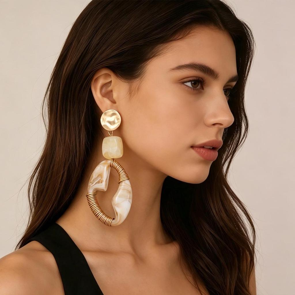 Retro High-End Deep Coffee Geometric Oval Long Earrings with Patchwork Wrapped Wire and Hammered Texture