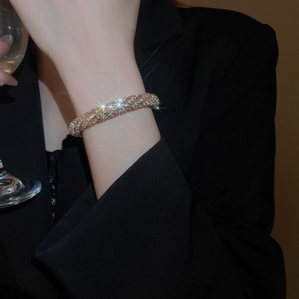 Gold Rhinestone Bangle Round Open Bangle Luxury Cuff Bracelet  Gift