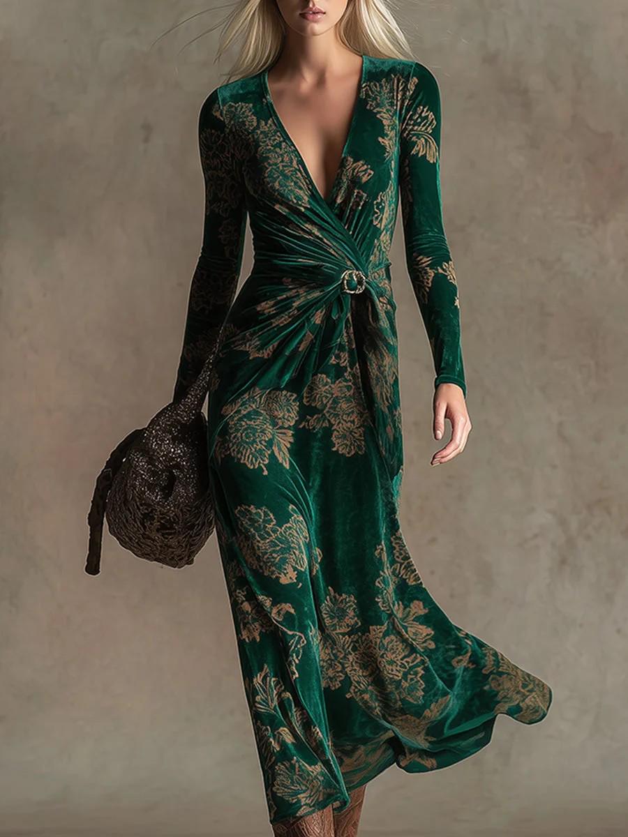 

2026 European Floral Print V-neck Long Sleeve Autumn/Winter Women s Dress L зелений