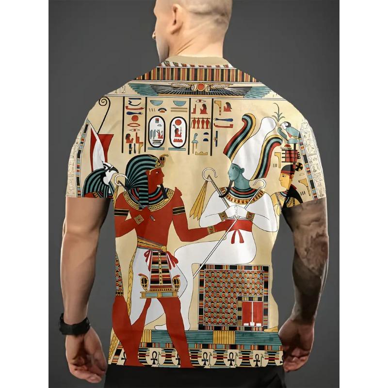 Large Men's Egyptian Pharaoh Mural Pattern 3D Printed Men's Round Neck Short Sleeved T-shirt Summer Fashion T-shirt Casual Comfortable Versatile Top
