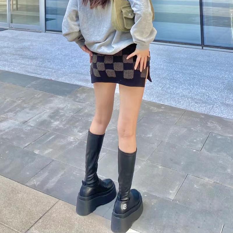 European And American Style Knight Boots Women'S Autumn Round Head Sleeve Tall Thin Boots Spice Girl Thick-Soled Boots