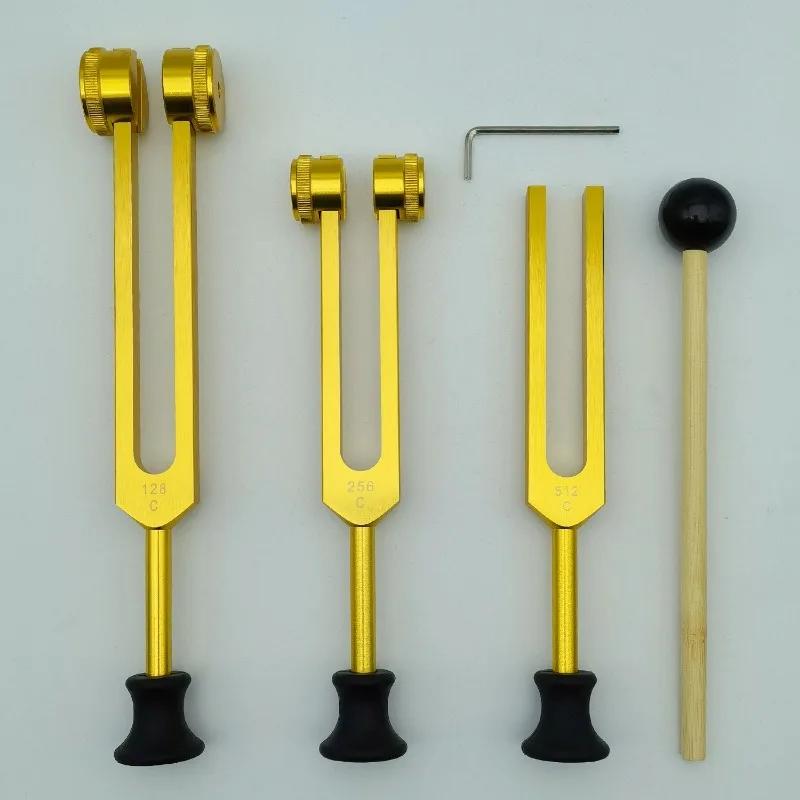 Diapazon Aluminiu 128Hz 256Hz 512Hz Set Diapazoane Vindecare Masaj Standard Profesional Auriu cu Bază Terapia Chakrelor