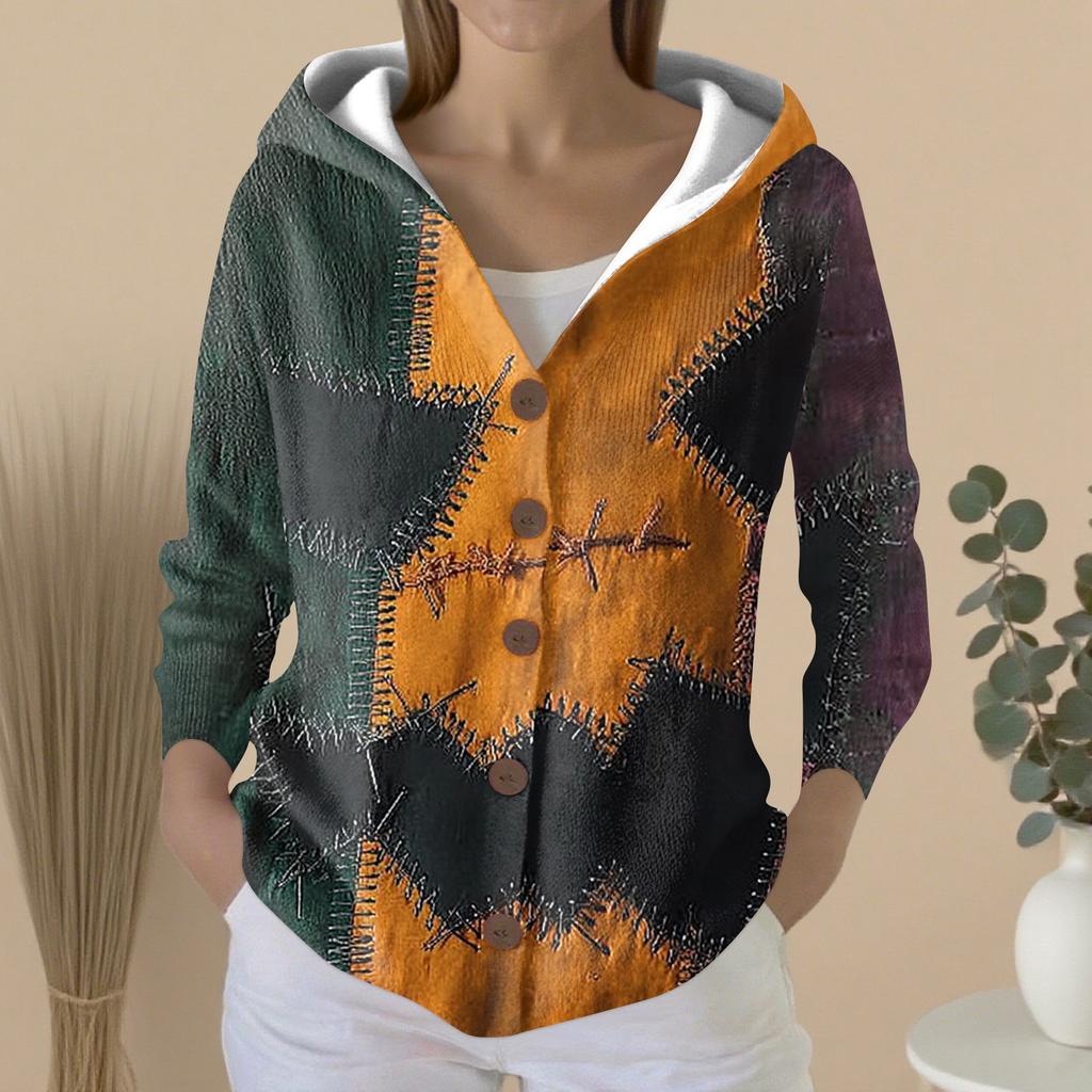 Women's Fashion Casual Sweater Button-Up Print Cardigan  Hooded Jacket