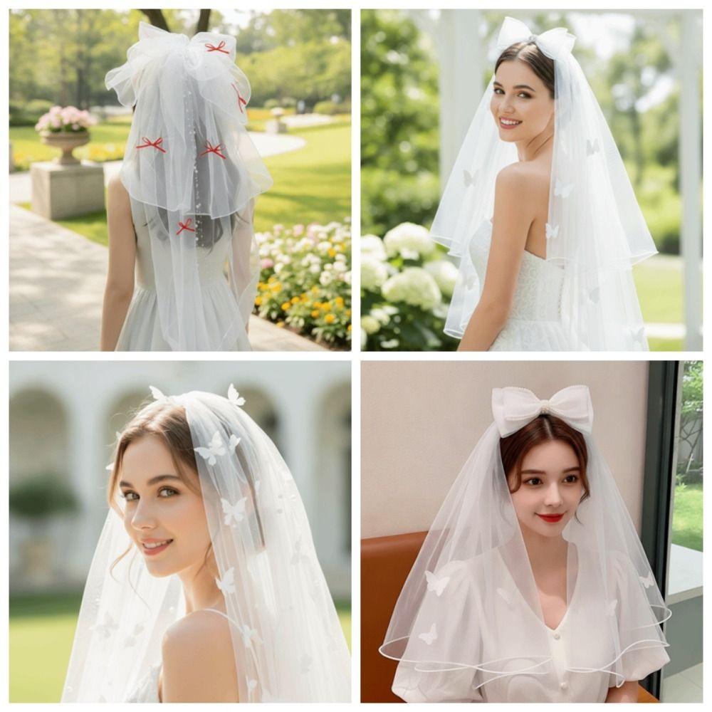 Soft Mesh Bridal Wedding Veil Hair Clip Short Tulle Veil Butterfly Mesh Headpiece  Civil Wedding