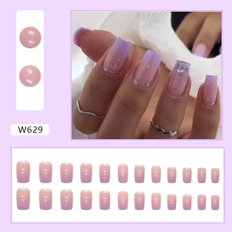 

Summer purple gradual change mandarin duck manicure medium and long European square gradual change glitter fake nails wear nail piece