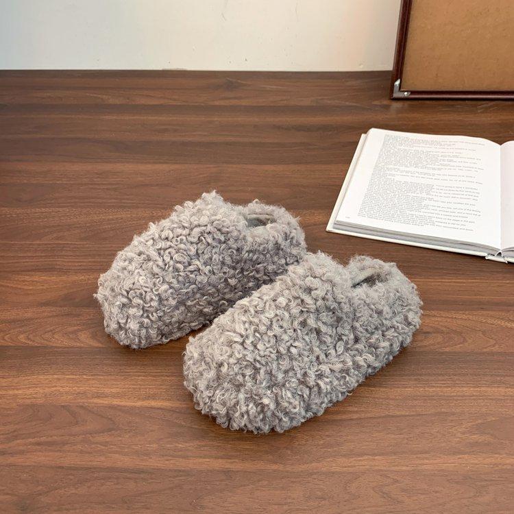 sponge cake thick bottom curly hair plush bag head half slippers women's wear 2025 autumn and winter new warm and heightening cotton slippers