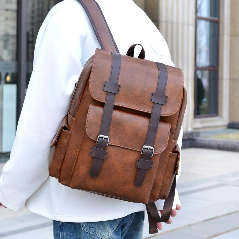 Leather Bag Men's Brown Large Capacity Backpack, Unisex Multi Pocket Backpack, Business And Leisure Travel, Solid Color Laptop Backpacks