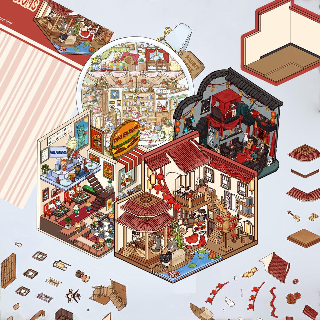 Cartoon Landscape Sticker Cute Miniature World 3D Three-dimensional House Unzipped DIY Scene Handbook Sticker