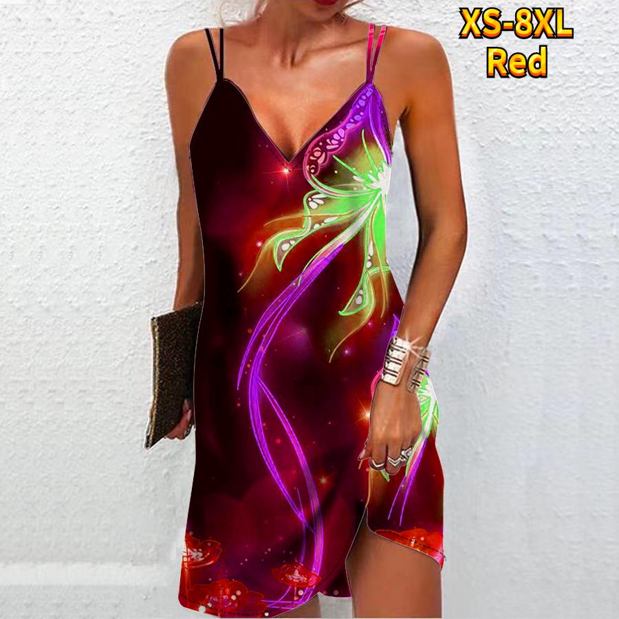 Damenmode Sexy 3D-Druck mit zwei leuchtenden Schmetterlingen, trägerloses Kleid, lockeres Leibchenkleid mit V-Ausschnitt