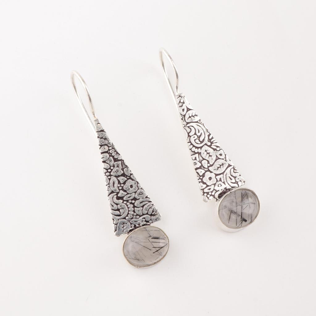 Natural Black Rutile 925 Sterling Silver Jewelry Handmade Earrings 1.9" For Gift EE-165-28