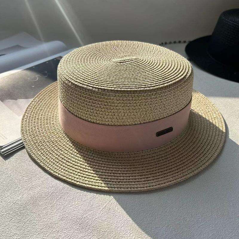 Flat Top Hat Women's Summer Vacation Seaside Panama Hat Flat Edge French Beach Hat Braided Sunshade Sunscreen Top Hat