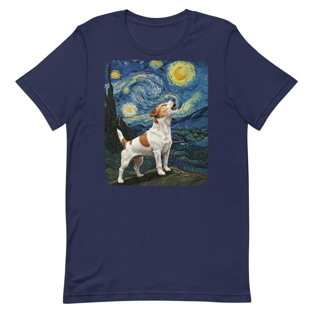 New Jack Russell Dog Howling At Moon Starry Night Van Gogh Funny T-Shirt Graphic T Shirts Retro Streetwear High-quality Men Tee