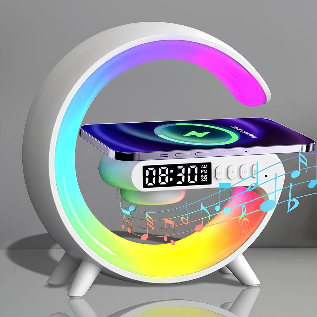 LED Table Lamp with Wireless Charger, Mini G Atmosphere Lamp with Bluetooth Speaker, Night Light Lamp Sunrise Alarm Clock, Smart Light Sound Machine