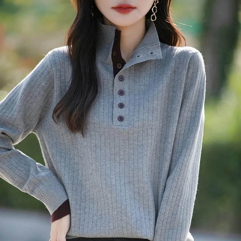 Women's Knitted Sweater with Turn-Down Collar - Two-Piece Illusion, Long Sleeve, Loose Fit, Slimming Design for Autumn/Winter.
