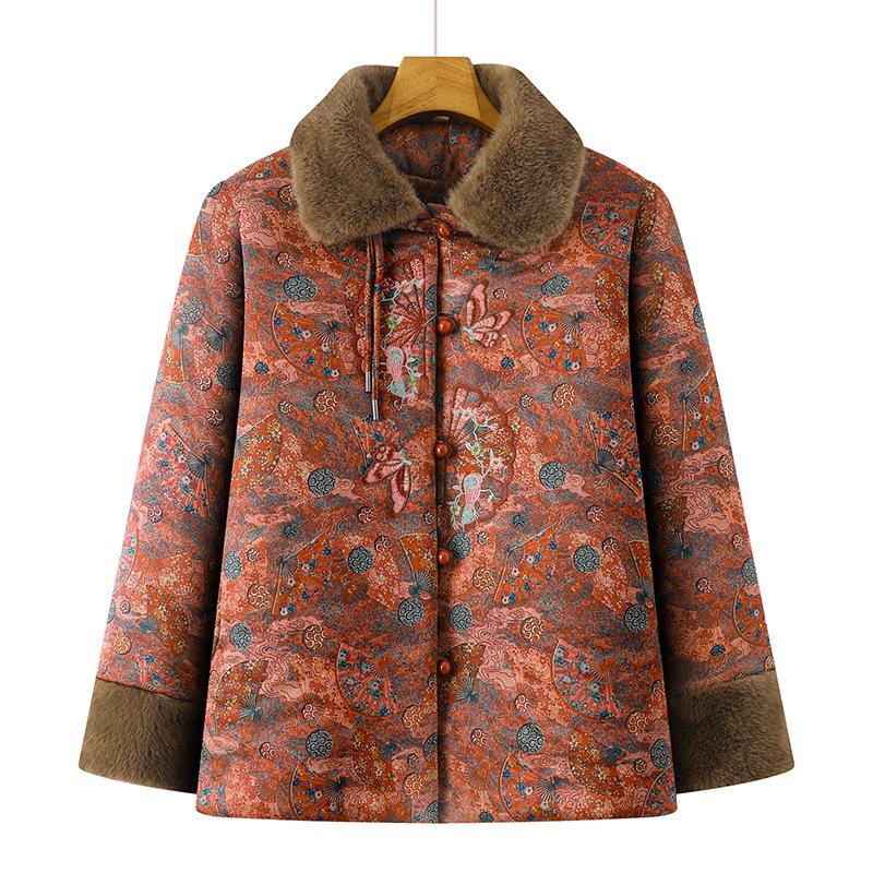 Winter Plus Velvet Coat for Middle-Aged and Elderly Women, Elegant Chinese Style Mother's Clothing, Warm Thick Cotton Jacket.