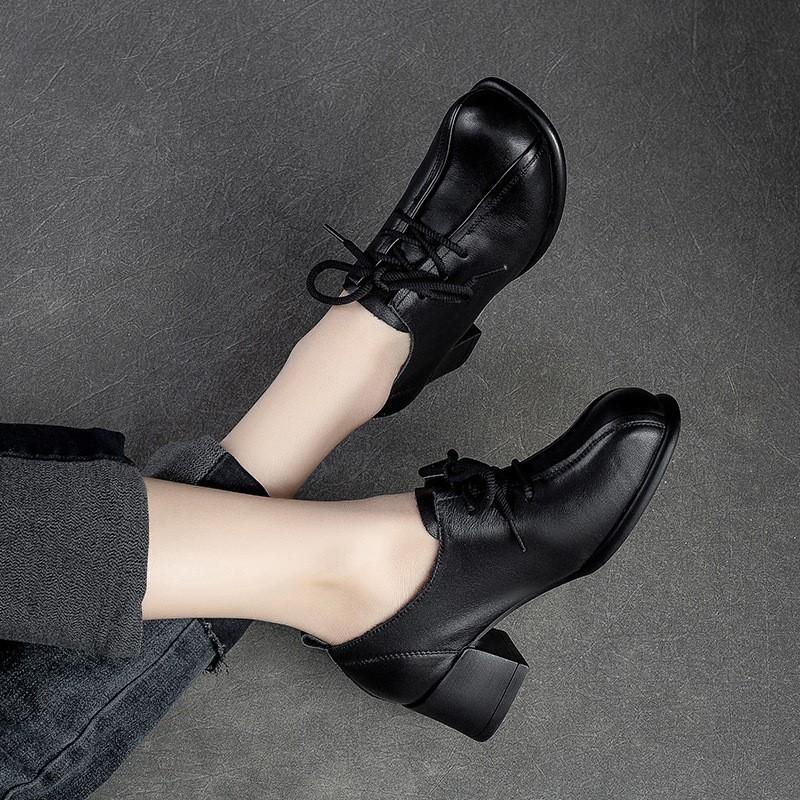 Johnature Retro-Damenschuhe mit mittelhohen Absätzen, einfarbige Pumps, echtes Leder, runde Zehen, handgefertigte Schnürschuhe