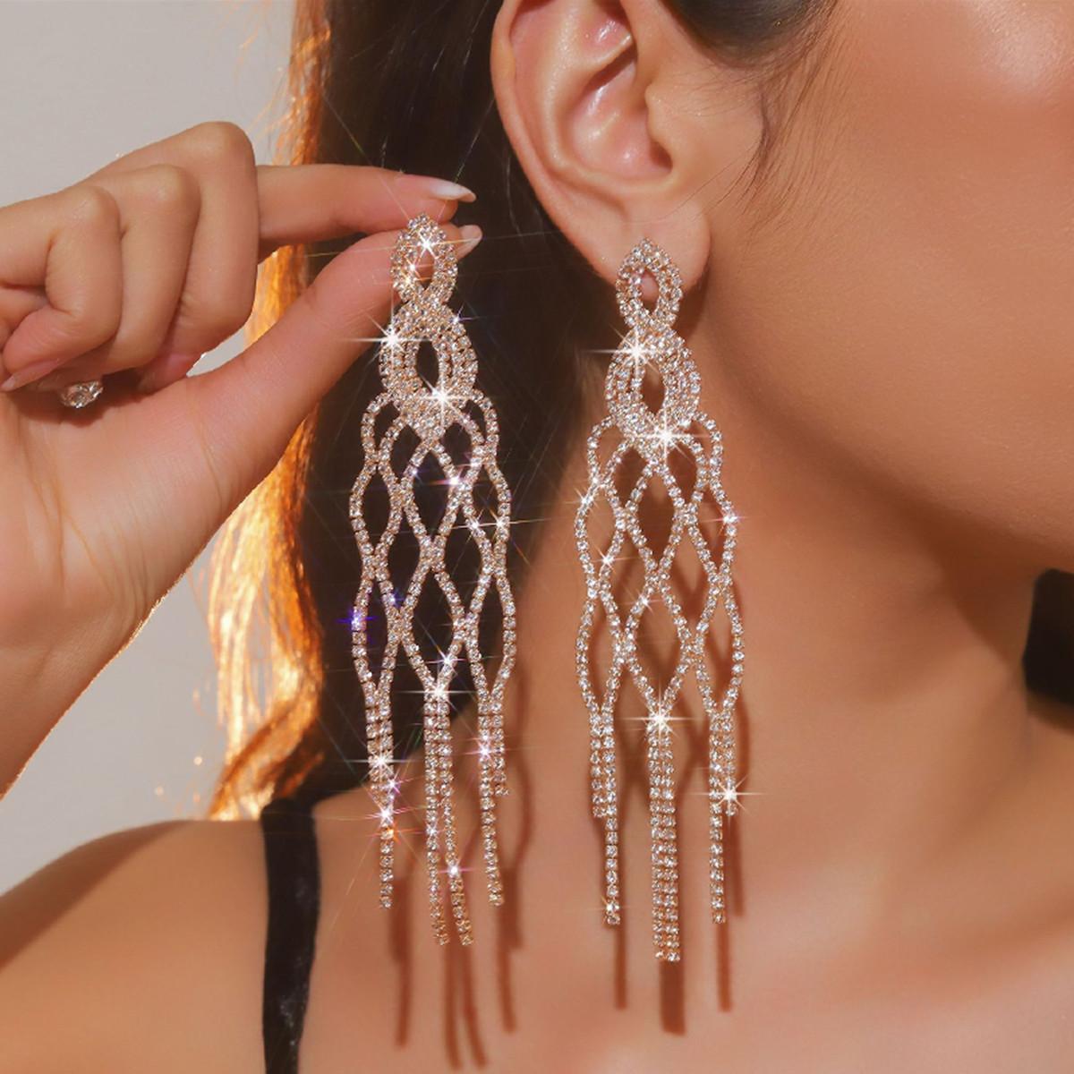 

FYUAN Длинные серьги-подвески с кисточками и стразами для женщин, полые геометрические серьги-подвески с кристаллами для вечеринки, свадьбы, циркон золотой
