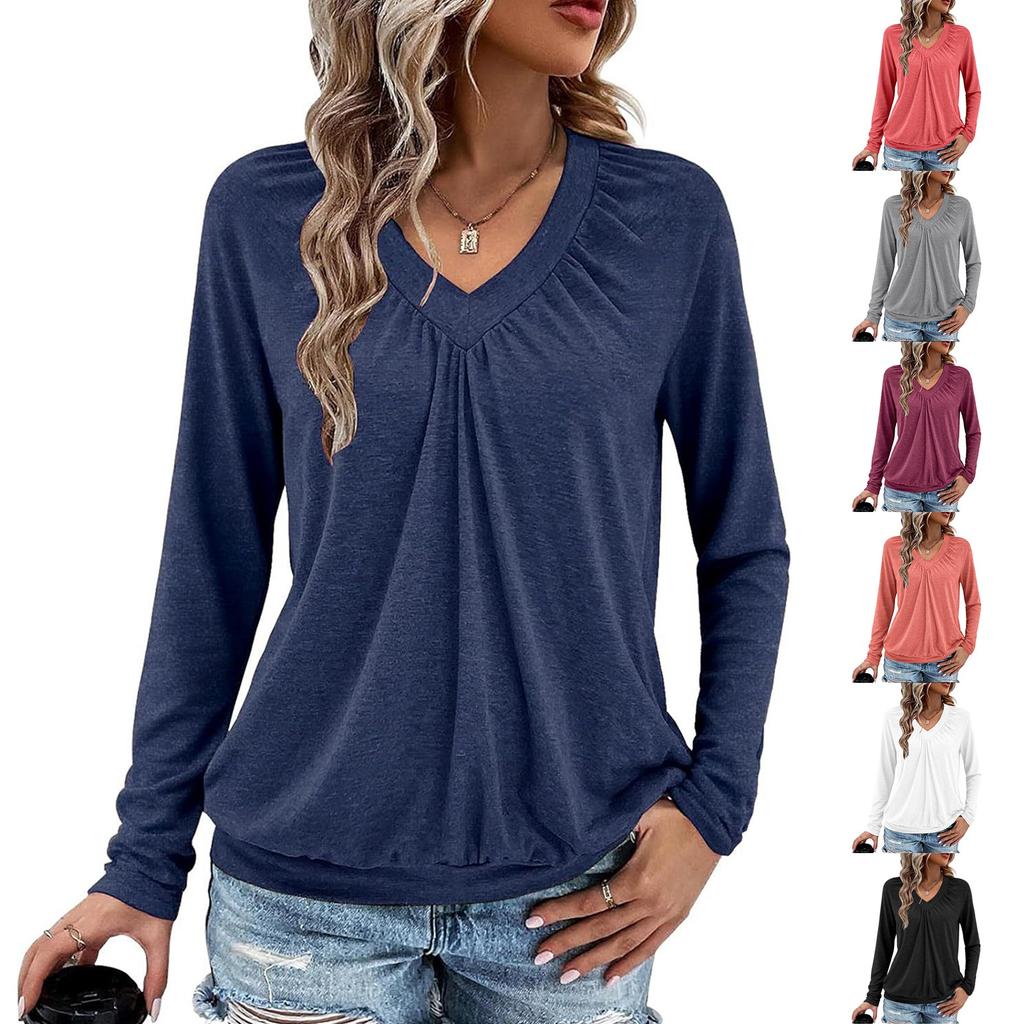 Women's V-neck Pleated Solid Color Casual Long-sleeved Loose T-shirt Top