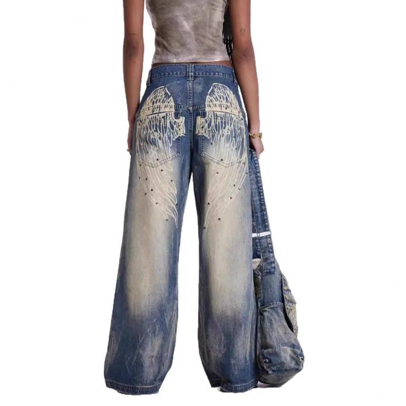 Y2K Vintage Gradient Angel Wing Print Wide Leg Denim Pants Women Mid-Rise Straight Cut Jeans