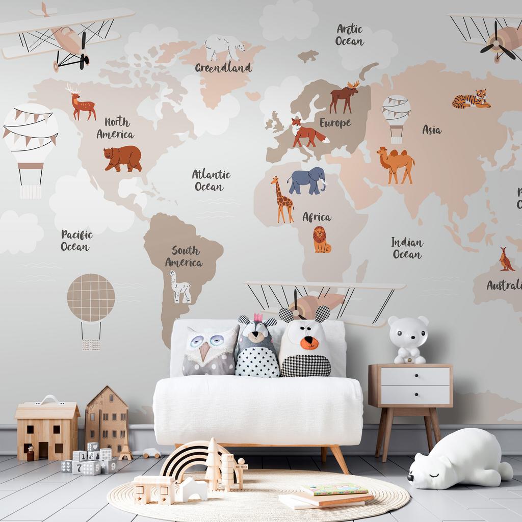 Fototapeta - Mapa Świata W Beżowych Odcieniach Do Pokoju Dziecięcego