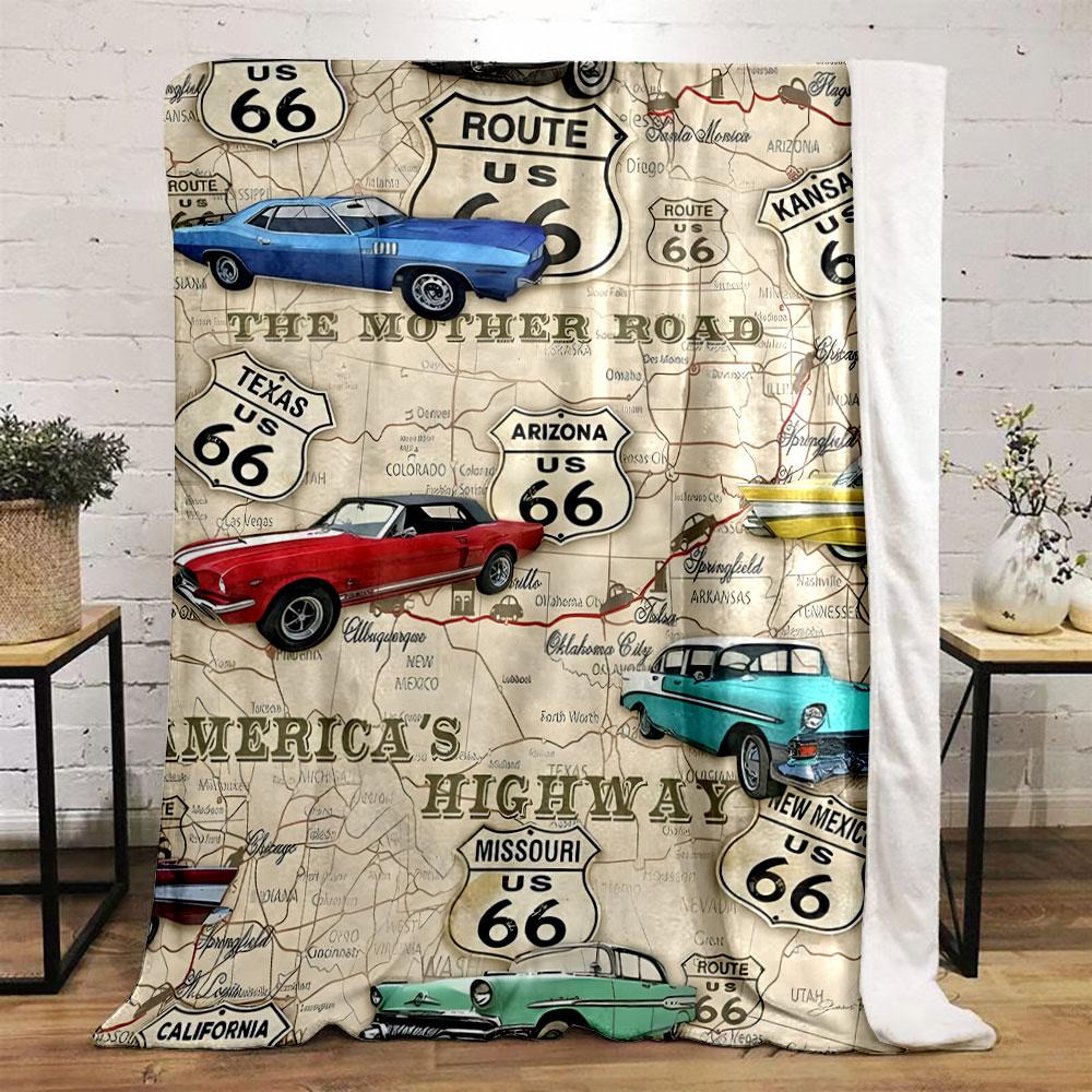 Route 66 Vintage Car Map Blanket Bedroom Blanket for Livingroom Couch Lunch Break Soft Throw for Friend's Festival Gift