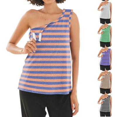 Post Surgery Women Shoulder Shirt Sleeveless Button Closure Striped Print Nursing Top Medical Recovery Apparel