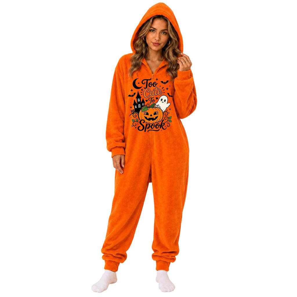 Women's Flannel One-Piece Jumpsuit with Halloween Print for and Costume Wear