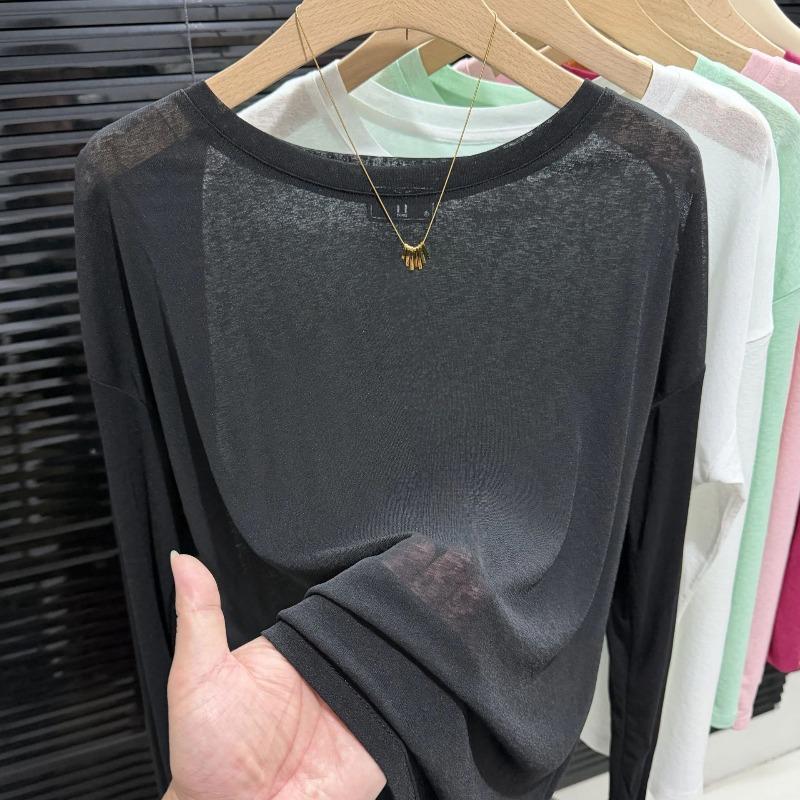 New Ice Silk Cool Tulle Long-sleeved Sunscreen Blouse Women's Fashion Versatile Breathable Solid Color T-shirt Top Summer