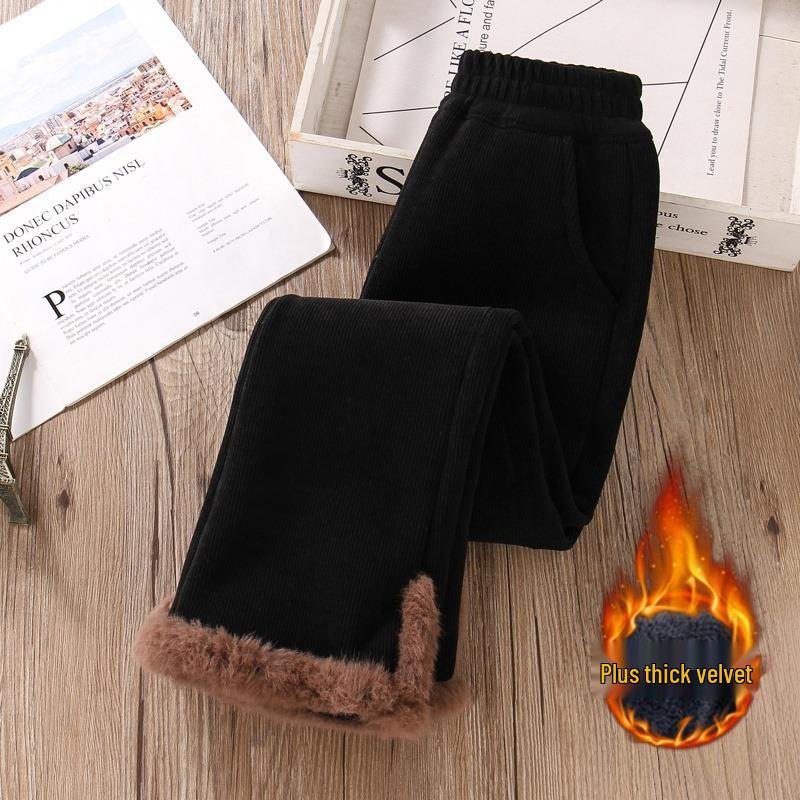 Girls  High-Waist Velvet Corduroy Bell-Bottoms: Super Thick & Warm Winter Pants 160 cm