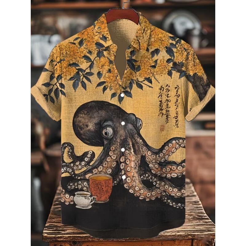 Retro Japanischer Stil Koi Fisch 3D Druck Herren Aloha Hemd, Fließend, Atmungsaktiv, Lockere Passform Tägliches Pendeln Strand Lässig Cardigan S beige