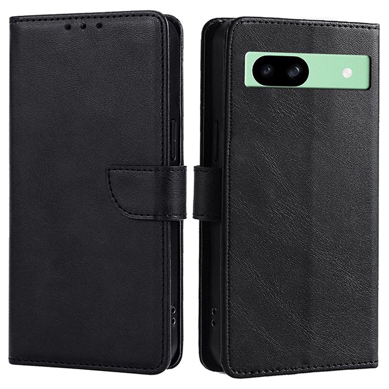 

For Google Pixel 8a Case Calf Texture PU Leather Wallet Phone Cover with Magnetic Clasp Black