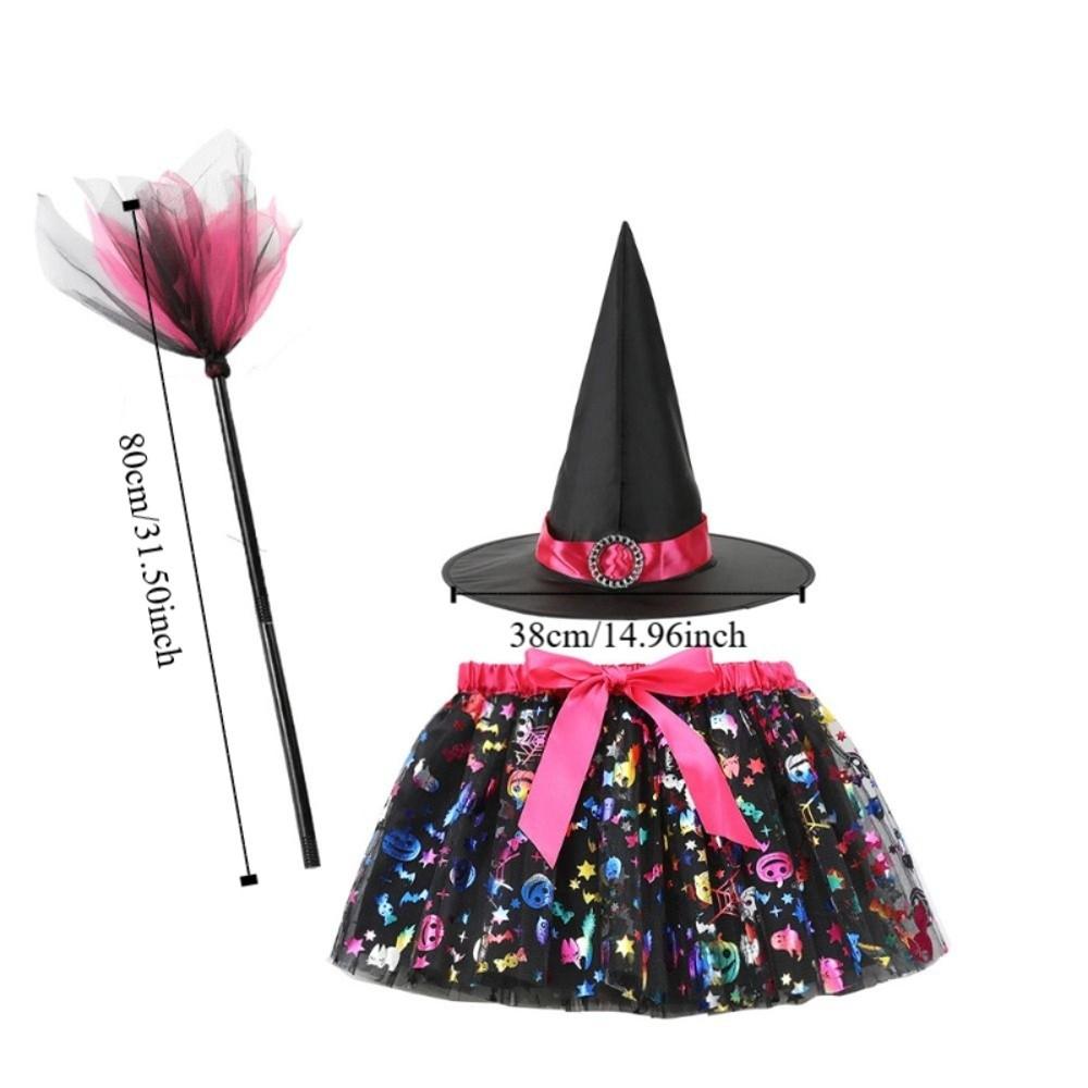 3Pcs/set Wizard Childern Halloween Costumes Broom Pointy Hat Witch Dress Set Costume Cosplay Props Short Skirt