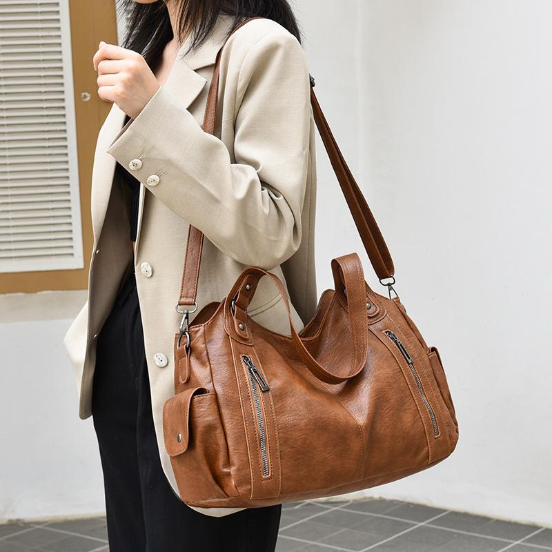 PU Tote Bag Women's Fashion Shoulder Handbag with Zip Pockets Adjustable Strap Large Capacity Daily Bag