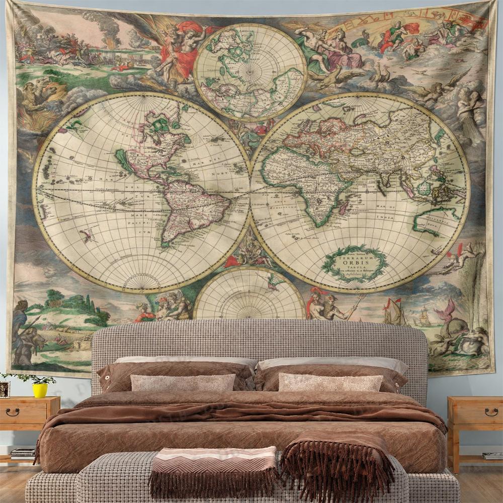 Vintage world map with historical figures and decorations Patterned tapestry for bedroom and living room home decor sofas
