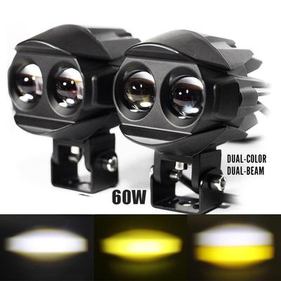 Motorcycle LED Spotlight Yellow-White Light: Super Bright Auxiliary Mini Driving Headlight for Electric Vehicles.