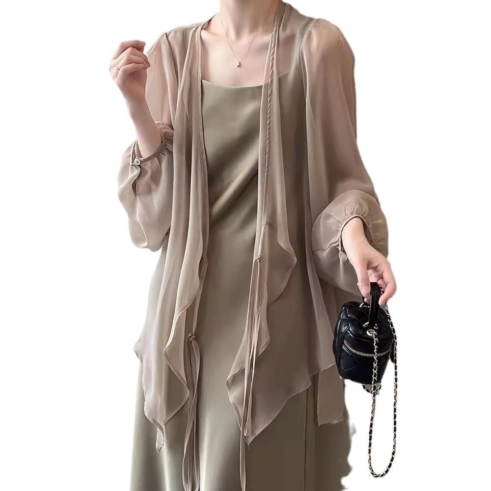 Camicie da Donna a Colore Unito Scollo a V Ampie Manica Lunga Maglia Aperta Stile Coreano Allacciatura Semplice Estive Chiffon Traspirante Minimalista Alla Moda