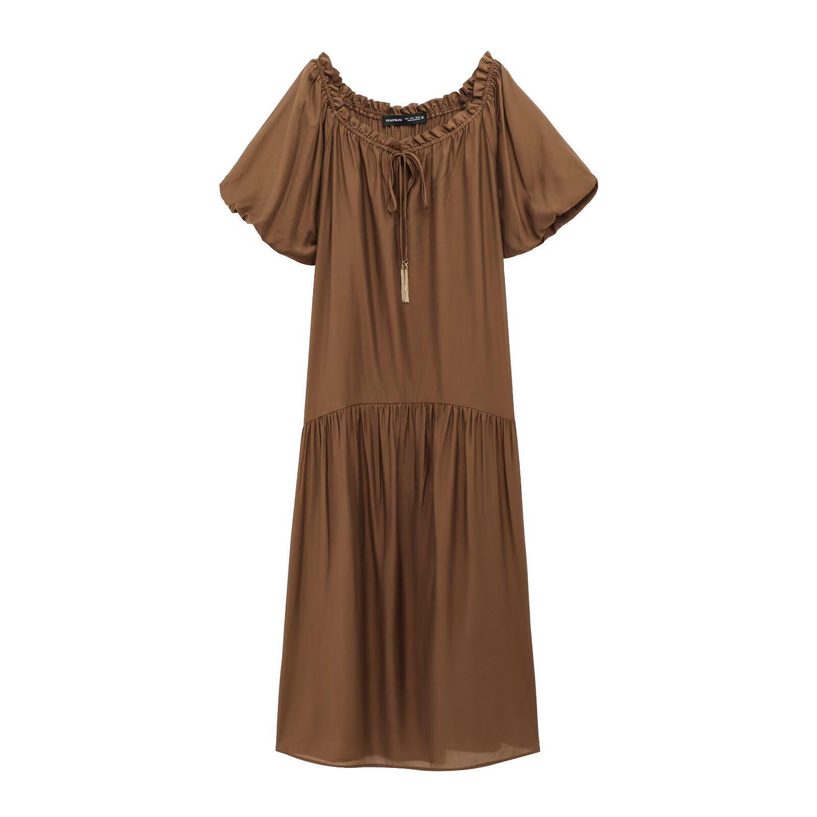 

2025 Весна Женская Мода Платье-макси с воротником, коротким рукавом и кулиской XS