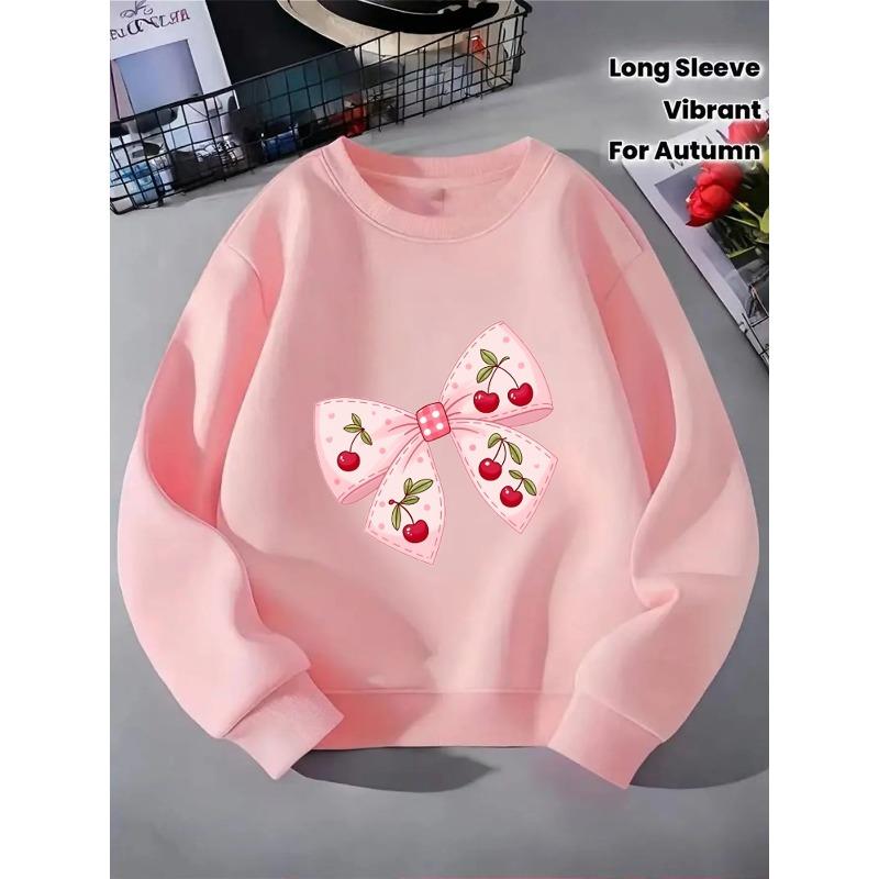European sizes Crewneck Sweatshirt for Kids Featuring a Cherry Design with a Pink Bow And Polka Dots. Perfect for Sports And Casual Outings