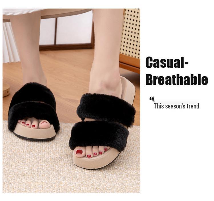 High-End Women's Furry Slippers: Thick-Soled, Non-Slip, Flat, Plus Velvet, Outdoor, 2025 Autumn/Winter Collection.