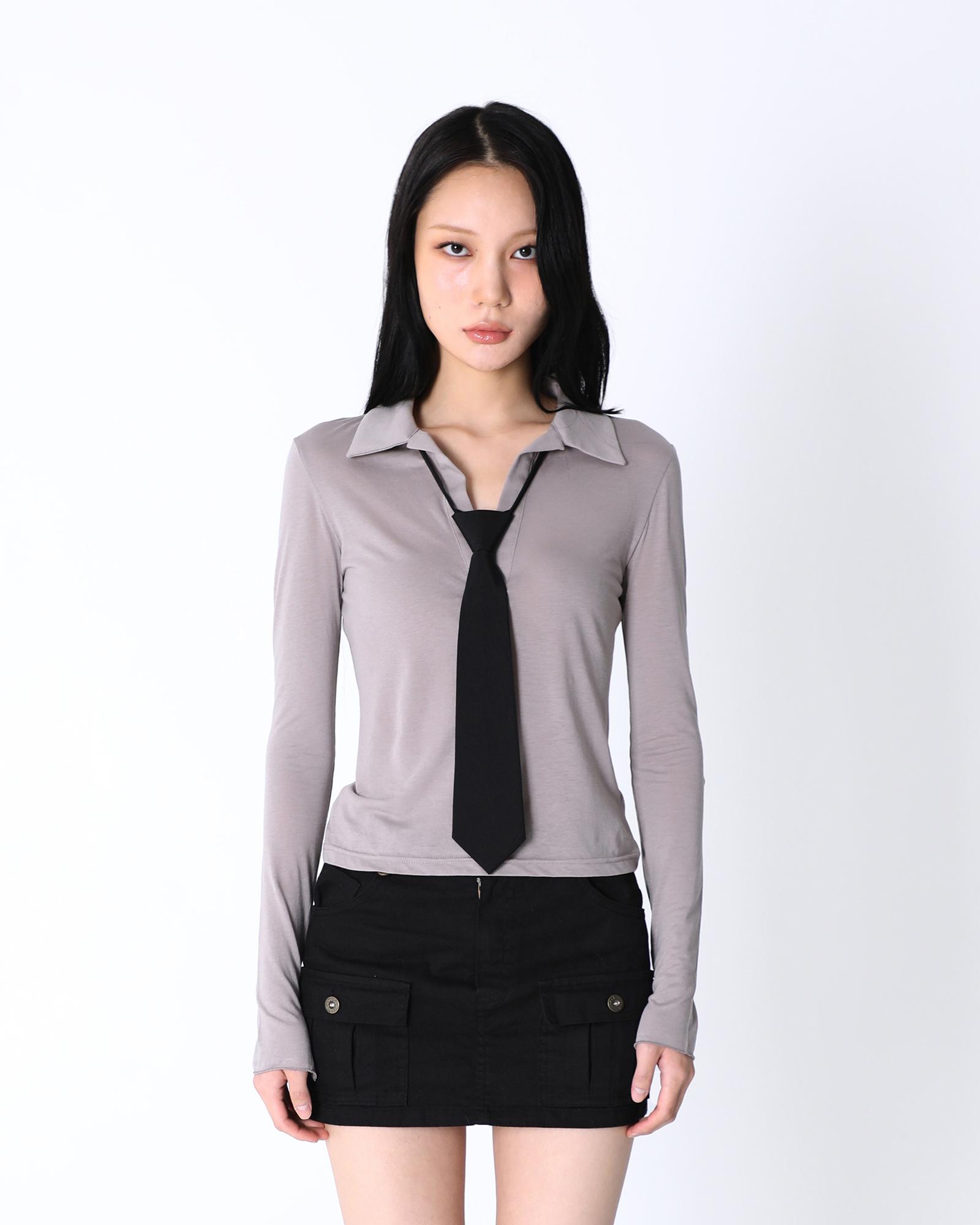 Sio Collar Long Sleeve Top [Gray] Grey
