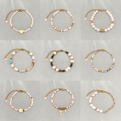 Retro Mode Süßwasserperlen & 18K Gold Plated Titanstahl Armband für Damen