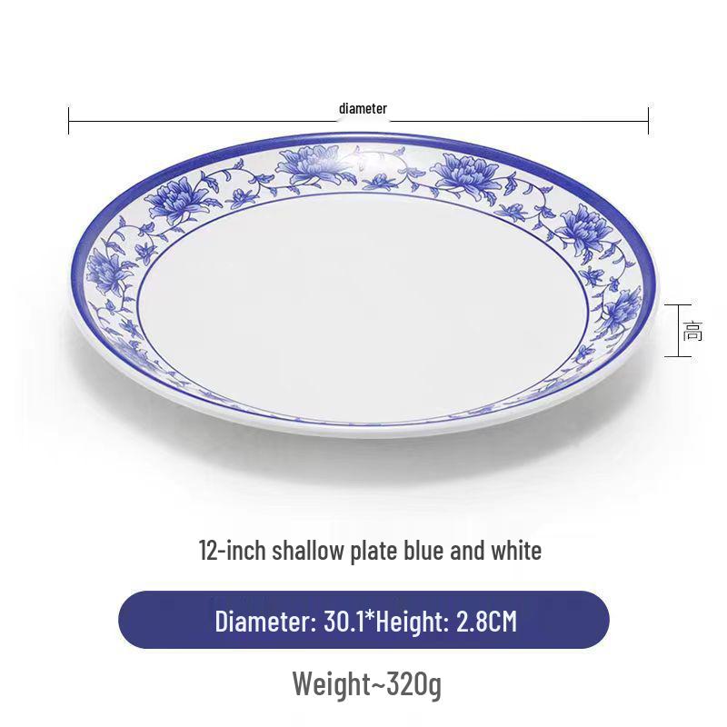 Plato redondo de melamina azul y blanca - Imitación de porcelana gruesa, ideal para salteados, arroz y uso en restaurantes.