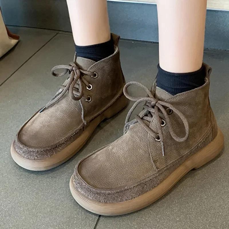 Fashion 2025 Hot Sale Shoes for Women Lace Up Women's Boots Winter Round Toe Solid Flock Naked Boots Low-heeled Concise Fashion Boots