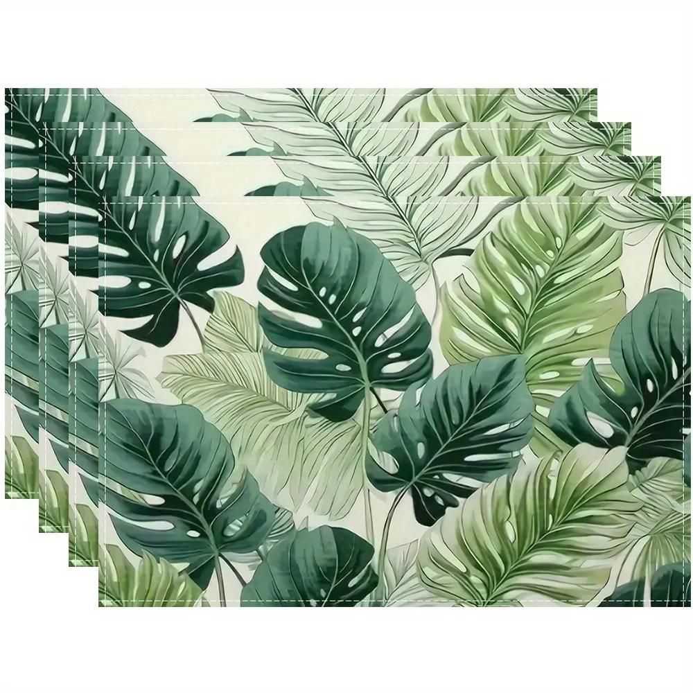 Placemats Linen Green Leaves Summer Series Table Pads Washable Table Mats Family Table Decorations Room Decor
