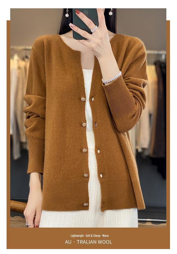 2023 Women's Pure Wool V-Neck Cashmere Cardigan - Solid Color Knit, Loose Fit